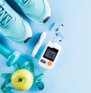 Healthy lifestyle, food and sport concept. Top view of diabetes
